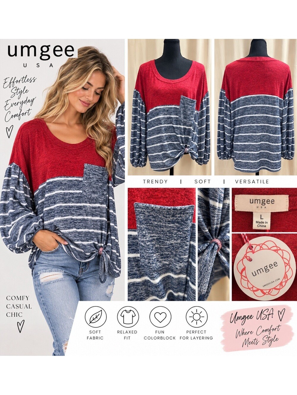 NWT Umgee USA Colorblock Striped Balloon Sleeve Side Tie Top Size L